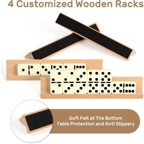 Dominoes Set Adults with 4 Wooden Racks/Trays Double Six Dominoes Travel Set with Portable Case Double 6 Dominoes Set with 4 Tiles Holders 28 Tiles Dominos Set Family Classic Board Games White