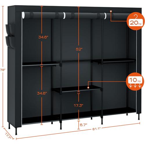 Size 81.5 Color Black Portable Closet, 81.5 Inch Extra Large Capacity Wardrobe Closet with Cover, Clothes Storage Organizer with Shelves and 5 Hanging Rods, Easy to Assembly, Black PCT136B01