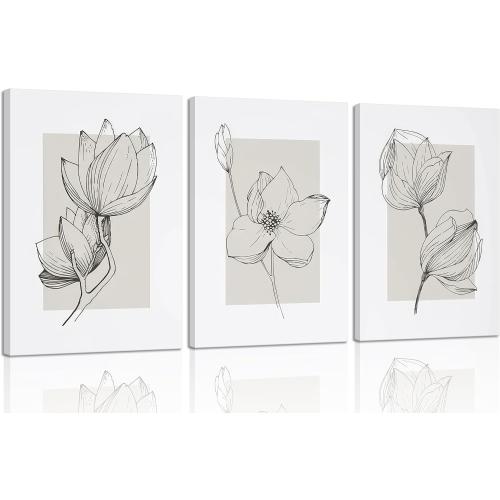 3Pcs Neutral Botanical Canvas Wall Art Beige Simple floral Painting Pictures Wall Decor Vintage Line flower Poster Print Artwork for Living Room Bedroom Bathroom Scene Home Decoration