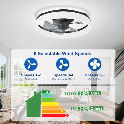 DLLT LED Ceiling Fan with Light: 16 Modern Low Profile Flush Mount Fandelier with App & Remote Control - Dimmable Black Bladeless Fan Light Fixture for Bedroom Kids Room Living Room