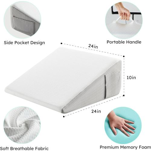Wedge Pillow, 10 inch Bed Wedge Pillow for Headboard, Pillow Wedge for Acid Reflux Relief, Sleeping, Back Pain Relief, Snoring, Triangle Pillow Wedge - Cooling Memory Foam Top, White/Grey