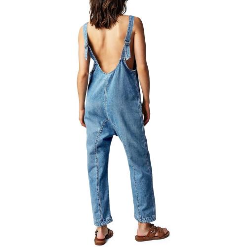medium WE THE FREE Women's Denim Overall Jumpsuits Sleeveless V Neck Adjustable Straps Jeans Long Pants Rompers.