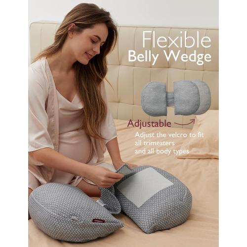 Momcozy Portable Pregnancy Pillow - Adjustable W Shaped Maternity Pillow | Wedge Pillow for Back, Belly and Hip Support for Pregnant Women, Space-saving Ideal for Traveling, Breathable Removable Cover