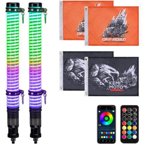 KEMIMOTO 2pc 2ft COB Fat Whip Lights for Side by Side, Turning Signal Function Compatible with Polaris RZR Can-Am Maverick X3, LED Whip Lights for UTV ATV Buggy Boat Offroad