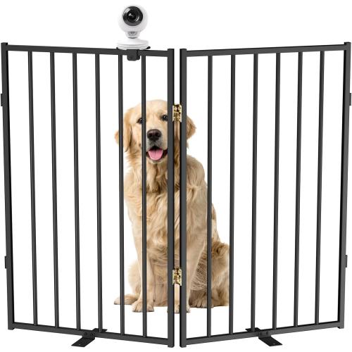 Full Metal Freestanding Dog Gate -2 Panels, Extra Wide Foldable Pet Fence with Pet Monitor Adapter for Indoor/Outdoor, 32'' Height Tall Dog Gate Gate for Doorways, Stairs, Hallways, Yard