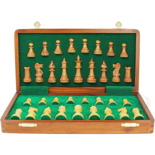 House of Chess - Victorian Staunton Golden Acacia Wood Chess Set - 14 x 14 Inches Wooden Folding Chess Board with Algebraic Notation - Wooden Chess Pieces with King Height 3 Inches   2 Extra Queens