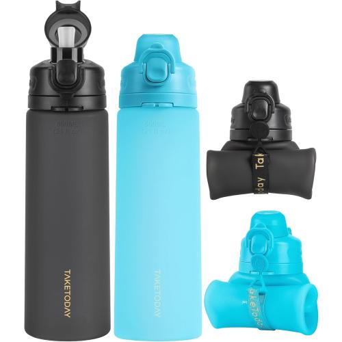 TakeToday Collapsible Water Bottles 20oz (600mL), Foldable Platinum Silicone Travel Water Bottle with Straw & Carry Strap, Leak-Resistant Screw Lid, Wide Mouth, BPA-Free for Hiking, Camping, Travel