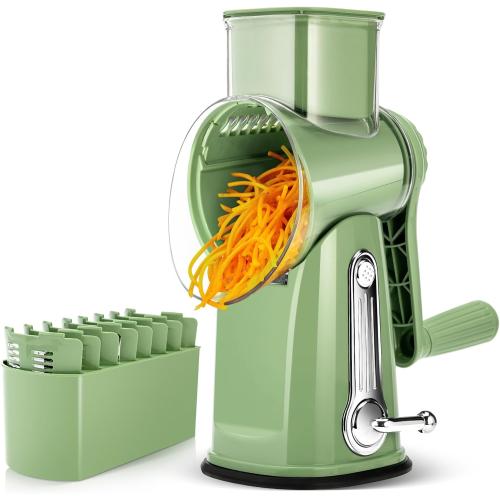 SUSTEAS Rotary Cheese Grater with Handle - Vegetable Shredder with 5 Well-designed Blades & Strong Suction Base,Round Mandoline Slicer & Food Chopper for Kitchen,with Blade Storage Box(Retro Green)