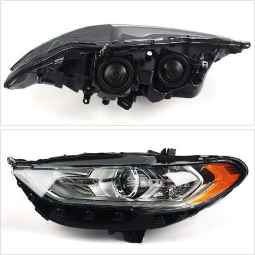 FIONE for Ford Fusion Headlight Assembly 2017 2018 2019 2020 Halogen Projector Headlamp Replacement Chrome Housing Front Lamp Left Driver Side LH HS7Z13008H