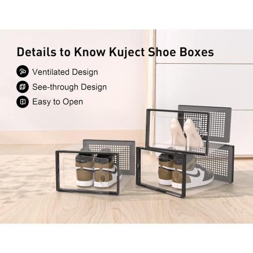 Kuject X-Large Shoe Storage Boxes Organizers Clear Plastic Stackable 12 Pack, Shoe Rack & Holder Substitute, Sneaker Containers, Toy Storage Organizer Bins for Entryway, Closet, Under Bed, Black