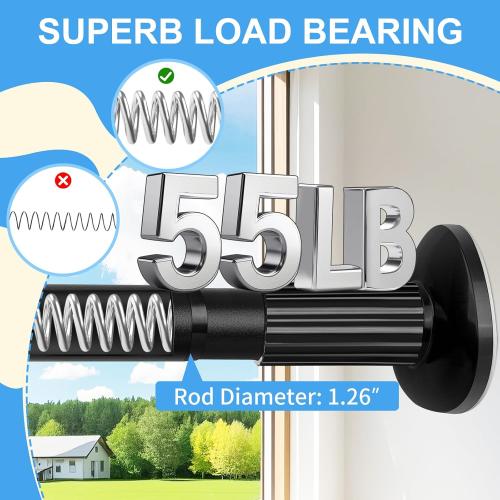 Tension Curtain Rod 51-126 Inch, Long Curtain Rod No Drilling for Window or Bathroom, Outdoor Curtain Rods for Patio Tension Rods, Easy to Install, Never Rust, Rod Diameter 1.26 Inches - Black