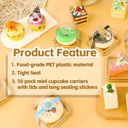 Cake Container Clear Plastic Lids 3.5in Small Dessert Boxes with Gold Bottom and Sticker for Mini Individual Cake Slice Cupcake Cheesecake and Wedding Birthday Present(50 Pack)