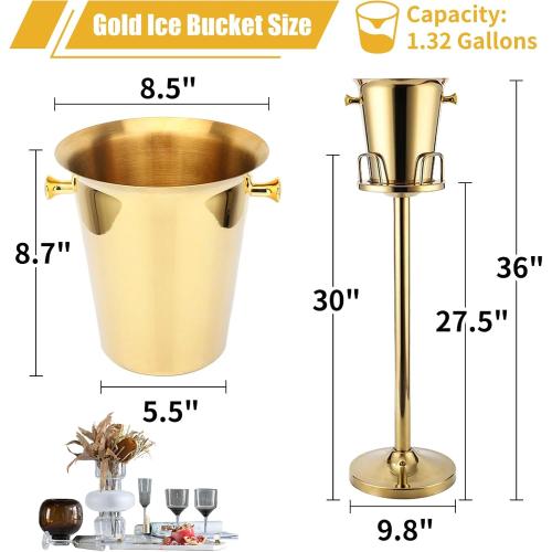 Gold Ice Bucket with Stand, large Champagne Ice Bucket 1.32 gal, Stainless Steel Ice Bucket, 3Ft Tall Ice Bucket for Cocktail Bar Parties