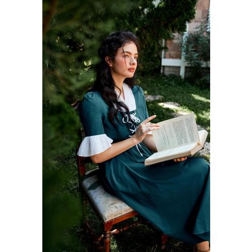 size L SCARLET DARKNESS Women's Colonial Pioneer Costumes Retro Pastoral Pilgrim Historical Dress with Pockets Cerulean L