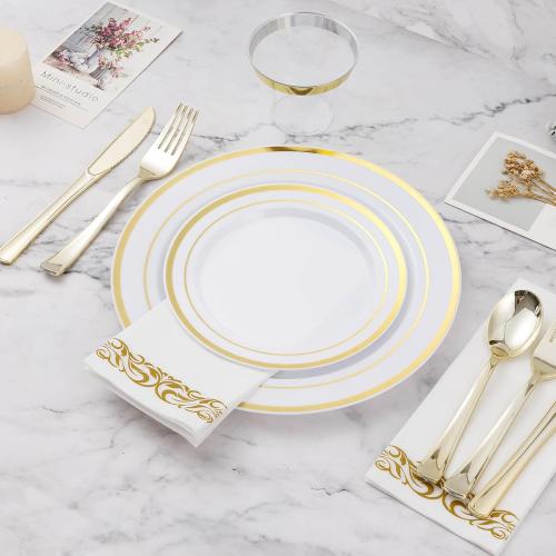 700 PCS Gold Dinnerware Set for 100 Guests, Plastic Dinnerware Set for Party, Include: 100 Gold Dinner Plates，100 Dessert Plates, 100 Plastic Silverware Set, 100 Cups, 100 Paper Napkins