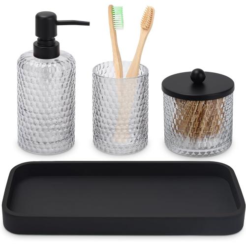 Bathroom Accessory Set,4 Pcs Clear Glass Bathroom Accessories Set-Lotion Soap Dispenser,Toothbrush Holder,Qtip Holder Dispenser & Resin Vanity Tray,Countertop Vanity Organizer,Crystal Clear