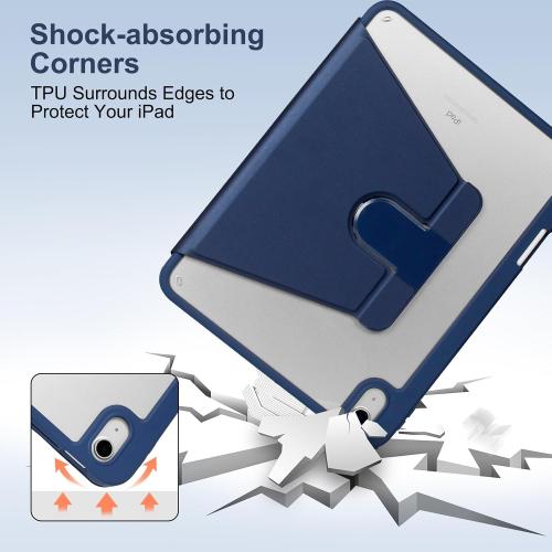 Rotating Case for 10th Gen iPad, Clear with Pencil Holder, 360 Folio Stand, Soft TPU, Sleep/Wake, Dark Blue