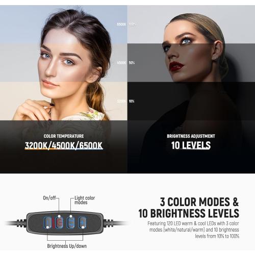 NEEWER Basics 10 Selfie Ring Light with Tripod Stand/3 Phone Holders Compatible with iPhone/3 Cold Shoes/Remote, LED Ringlight Lighting for YouTube TikTok Vlog Video Recording Makeup Streaming, R11
