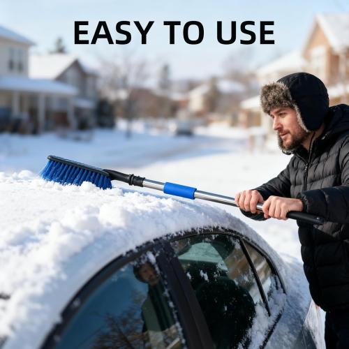 Extra Long Telescoping Car Snow Brush & Ice Scraper - Adjustable 35.2 to 51.57 Handle, Wide Bristles for SUV & Truck Windshields (Blue)