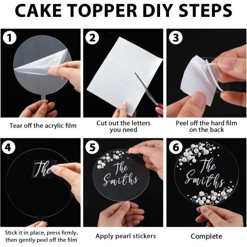 Geelin Wedding Cake Toppers DIY Acrylic Round Cake Topper with Pearl and Diamond Stickers Letter Transfer Sticker and Drawstring Bag Bride and Groom Party Decor for Engagement Anniversary Birthday