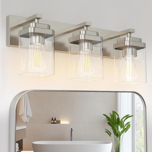 Brushed Nickel Bathroom Light Fixtures, 3 Lights Bathroom Lighting Fixtures Over Mirror, Square Design & Rectangle Large Backplate, Modern Vanity Lighting Fixtures, for Living Room/Bedroom