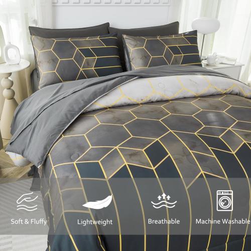 Queen Size Comforter Sets 7 Pieces Grey and Gold Striped Bedding Set Geometric Bed in A Bag