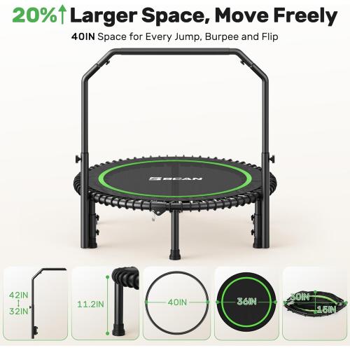 BCAN 450/550 LBS Foldable Mini Trampoline, 40/48 Fitness Trampoline with Bungees, U Shape Adjustable Foam Handle, Stable & Quiet Exercise Rebounder for Adults Indoor/Outdoor Workout