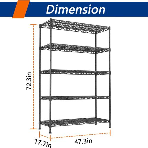 Size17.7x 47.3x72.3   5-Wire Shelving Metal Storage Rack Adjustable Shelves,17.7 D×47.3 W×72.3 H Standing Storage Shelf Units for Laundry Bathroom Kitchen Pantry Closet