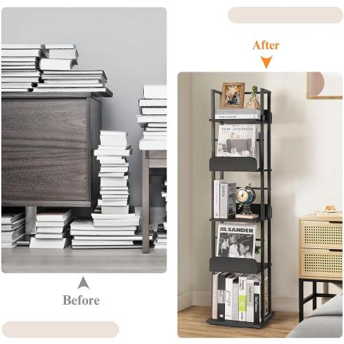 Bikoney Rotating Bookshelf, 360 Display Spinning Bookshelf Tower, 5-Tier Narrow Bookcase, Tall Industrial Book Shelf Organizer, Small Corner Book Shelves for Living Room, Black