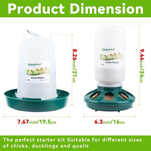 Chick Feeder and Waterer Set, 0.3 Gal Feeder and 0.4 Gal Waterer with 3 Adjustable Heights