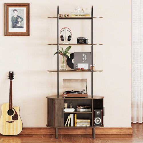 Espelism 71 Tall Mid-Century Display Shelf Bookshelf with Sliding Tambour Doors, 4-Tier Freestanding Vinyl Record Player Stand Fluted Storage Cabinet for Living Room, Bedroom, Home Office
