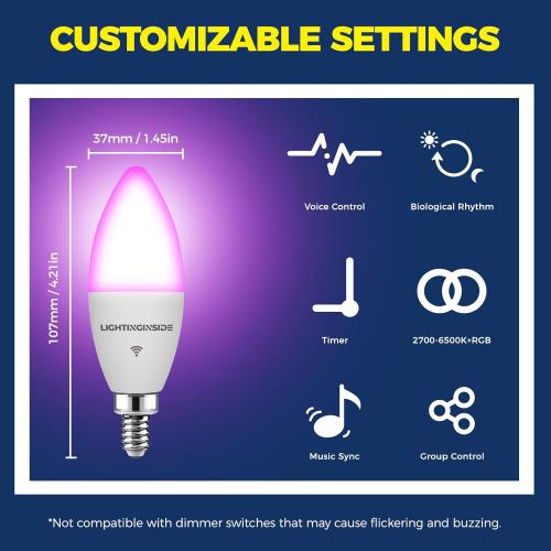 Lightinginside E12 Smart Light Bulbs 60W Equiv., Work with Alexa/Google Home/SmartLife, 500LM 6W RGBCW Candle Candelabra LED Light Bulbs, No Hub Required, 2.4G WiFi Bluetooth Bulb, ETL Listed, 4PCS