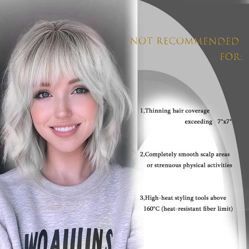 CINHOO Short Curly Wavy Grey Hair Toppers for Women with Thinning Hair,Short Wigs with Bangs Synthetic 360° 3D Hairpiece Clip in Bob Halloween Wig Gifts for Women(Ombre gray)
