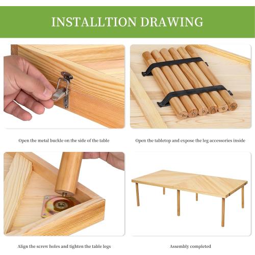 60x30 Boho Wooden Picnic Table, Portable Outdoor Low Picnic Table with Adjustable Legs 13 & 16 for Floor Seating, Beach, Camping, BBQ, Backyard, 60x30in Seating for 8 People