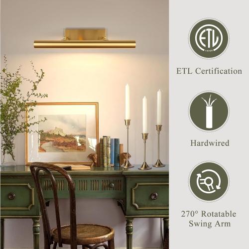 BELS Picture Lights for Wall Hardwired, 24 Inch Gold Wall Lights for Pictures,3-Light 2700k,Non-Dimmable, 270° Adjustable Swing Arm, Hardwired Wall Light for Artwork Poster Portrait Library Display