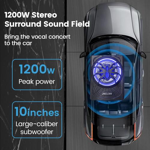 2025 Upgraded 10 1200W Slim Under Seat Powered Car Subwoofer, Car/Truck Sub Built in Amplifier for Outstanding Heat Dissipation, Powerful bass and Blue LED (Blue Light)