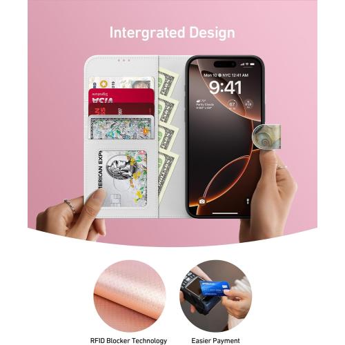 DEENAKIN for iPhone 16 Pro Wallet Case with Card Holder   Cash Clip, RFID-Blocking, Military-Grade Drop Protection & UV-Printed Artwork, Magnetic Closure with Leather Stand - Peacock and Flower
