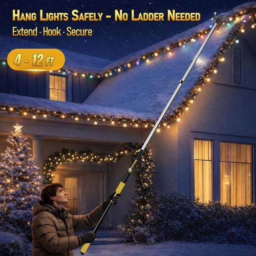 4-12 FT Christmas Light Telescopic Hanger Pole with Utility Hook, Stand Reach 30 Feet Long 3/4 inch Threaded Pole Reaching High Place for Hanging and Installation Lights String, Clothes and Birdfeeder