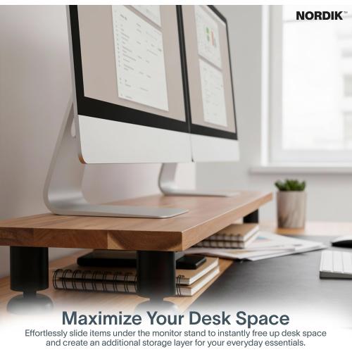 Nordik Large Dual Monitor Riser for 2 - 42.5 Inch Premium Handmade Hardwood Acacia Computer - Wood Shelf Desk Organizer Television - Laptop TV Stand with Storage Organizer for Desk Accessories (Brown)