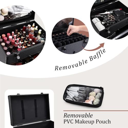 Size Medium Color Black Professional 3 in 1 Rolling Makeup Case Cosmetology Case on Wheels 2 Large Drawer Nail Case Trolley Traveling Cosmetic Train Case with Makeup Pouch for Artists Nail Technician Salon Cart Trunk Black