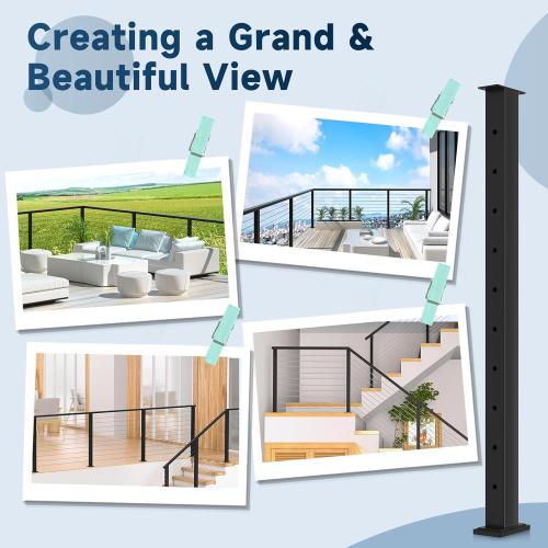36 Cable Railing Post, Fixed Top Level Drilled Line Post with Cable Grommets, Stainless Steel Black Powder Coated Finish Handrail Post, Heavy-Duty Wire Railing Post for Wood/Concrete Deck