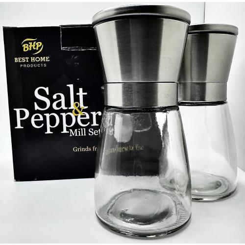 Salt and Pepper Mill Set, Glass and Stainless Steel Grinders, 2-Piece