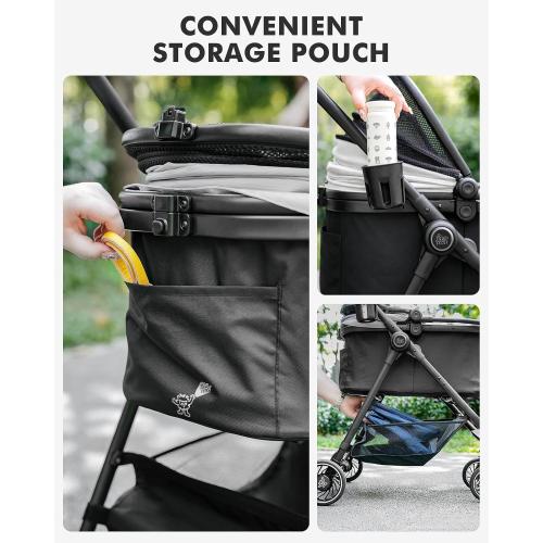 Pet Stroller for Small Dogs and Cats, One-Click Foldable Dog Stroller with Detachable Carrier & 3 Safety Tethers, Holds up to 33 lbs, Storage Basket & Cup Holder, Breathable Mesh, Black
