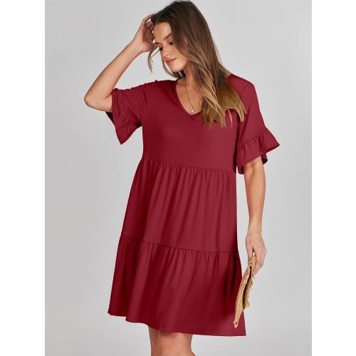 Size M ANRABESS Dresses for Women Summer 2026 V Neck Ruffle Sleeve A Line Tiered Flowy Casual Trendy Mini Beach Dress with Pockets