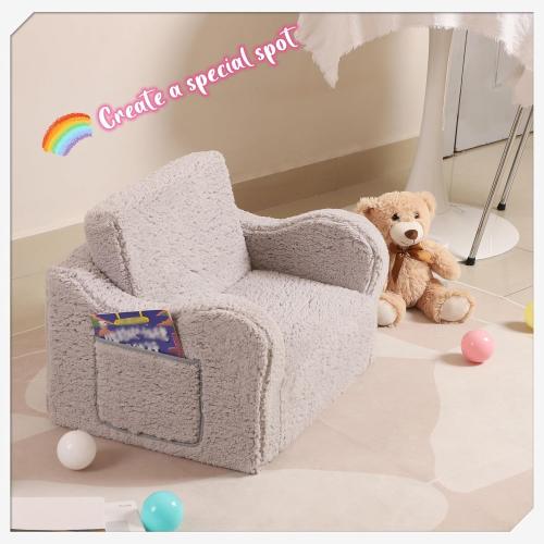 Color grey Kids Sofa, 2-in-1 Flip-Out Foam Couch with Soft Sherpa Cover, Cozy Play Lounge Chair, Grey