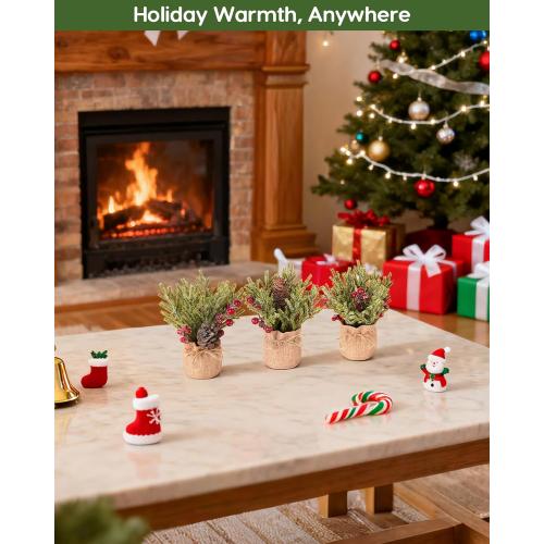 Velener Artificial Christmas Flowers for Outdoor-3 Pcs Faux Pine Branches with Red Berries & Pinecones, Fake Christmas Greenery Stems with Burlap Bag Vase, Winter Norfolk Pine Branches for Indoor