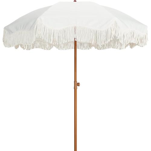 AMMSUN Boho Fringe Umbrella Outdoor Patio, 6.5ft UPF50  Picnic Umbrella with Tassels with Steel Pole and Push Button Tilt, Antique White