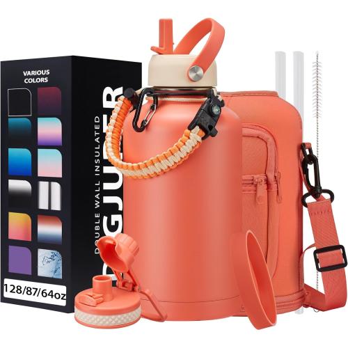 64oz Insulated Water-Bottle with Strap - Half Gallon Water Jug with Straw & Spout Lid, 2 Liter Stainless Steel Water Bottle Leak Proof, Cold-48h Hot-24h Metal Flask w/Paracord Handle, Carrier Case