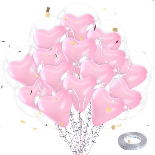 Pink Heart Balloons 20PCS, Double Layer Clear Balloons with Pink Heart Inside, 12 Inch Romantic Balloons for Birthday Baby Shower Wedding Valentine’s Day Party Decorations