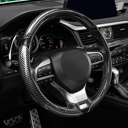 Amiss 3pcs Carbon Fiber Anti-Skid Steering Wheel Cover, Waterproof Design, Universal Fit for 14-16 Inch Car Wheel Cover, Interior Car Accessories for Jeeps, SUVs, Trucks (Glossy Black)
